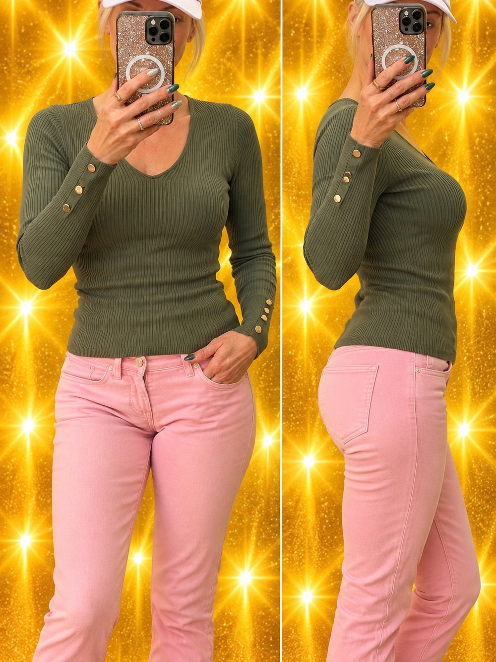 Guess Olive Green Ribbed Mock-Neck V-Slit Sweater